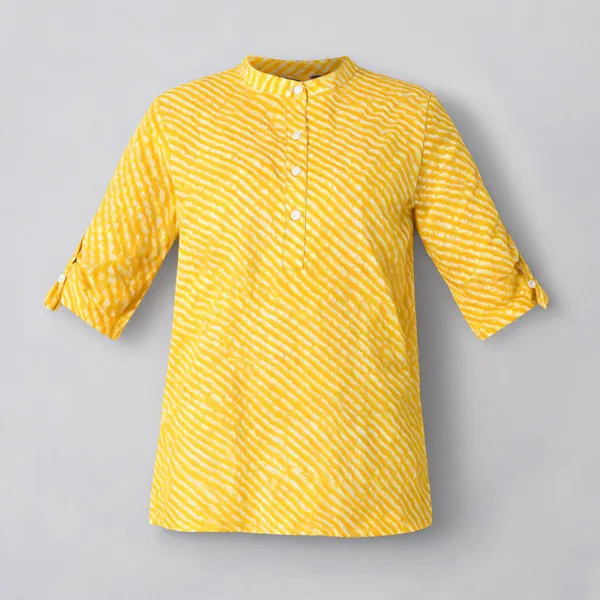 Yellow_Cotton_Leheriya_Short_Kurti_For_Women
