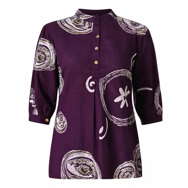Wine_Cotton_Printed_Mandarin_Collar_Shirt_Style_Top_For_Women