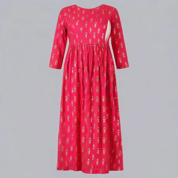 Red_Rayon_3/4_Sleeve_Full_Length_Maternity_Gown_For_Women