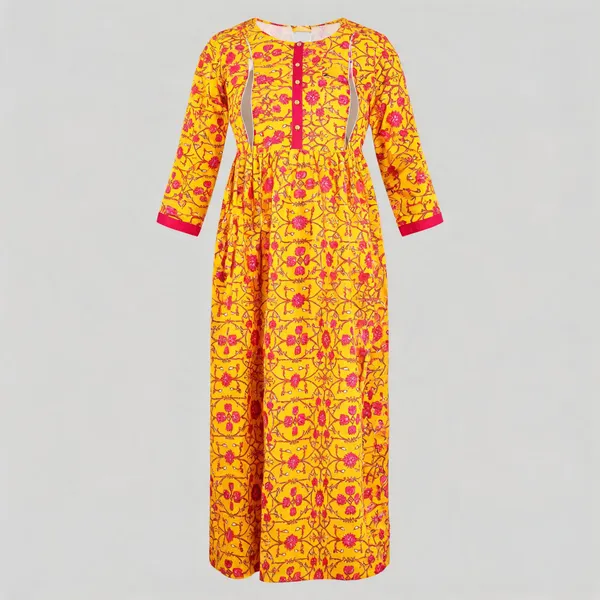 Yellow_Rayon_3/4_Sleeve_Full_Length_Maternity_Gown_For_Women