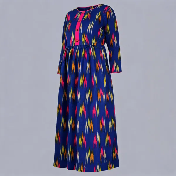 Blue_Rayon_3/4_Sleeve_Full_Length_Maternity_Gown_For_Women