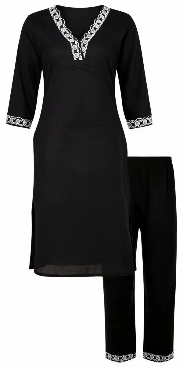 Black_Cotton_Embroidered_Regular_Kurta_Trouser_Set_For_Women