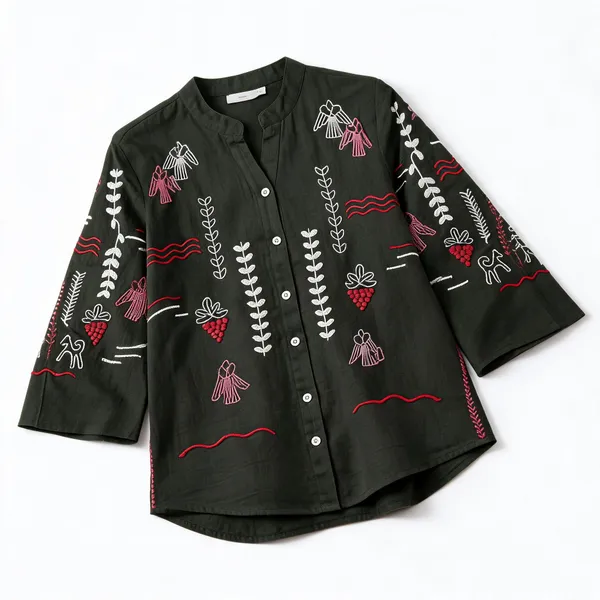 Olive_Cotton_Printed_Mandarin_Collar_Embroidered_Shirt_For_Women