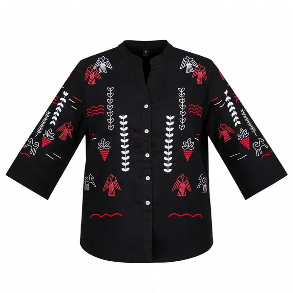 Black_Cotton_Printed_Mandarin_Collar_Shirt_For_Women