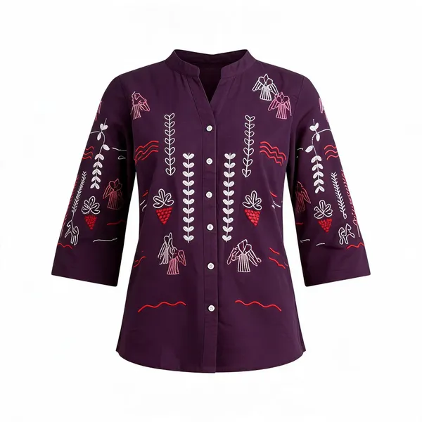 Maroon_Cotton_Embroidered_Mandarin_Collar_Shirt_For_Women
