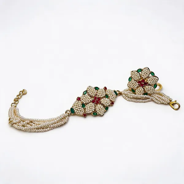 Off_White_Brass_Beaded_Floral_Necklace_And_Ring_Set_For_Women