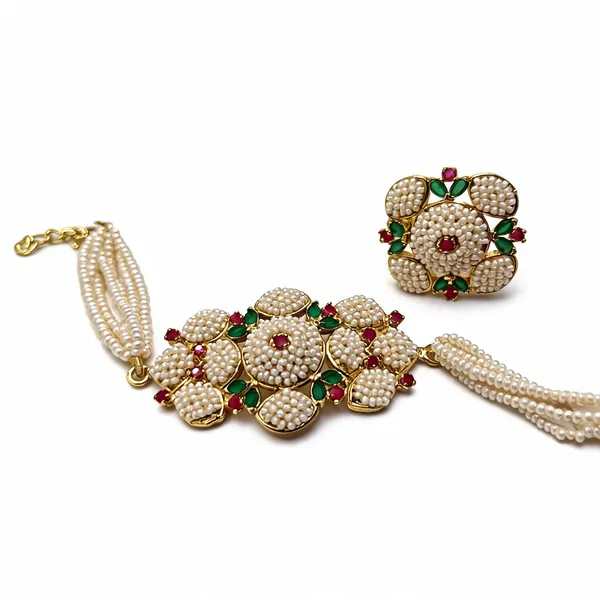 Off_White_Brass_Pearl_Beaded_Floral_Necklace_Set_For_Women