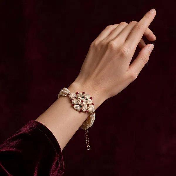 Off_White_Brass_Pearl_Beaded_Floral_Bracelet_For_Women