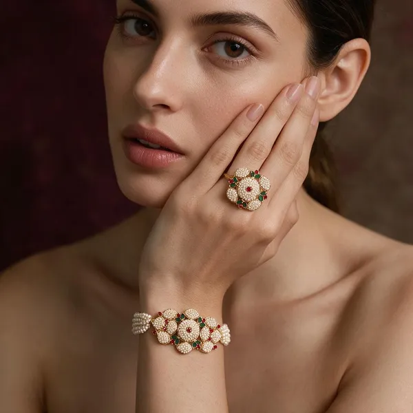 Off_White_Brass_Pearl_Beaded_Floral_Bracelet_and_Ring_For_Women