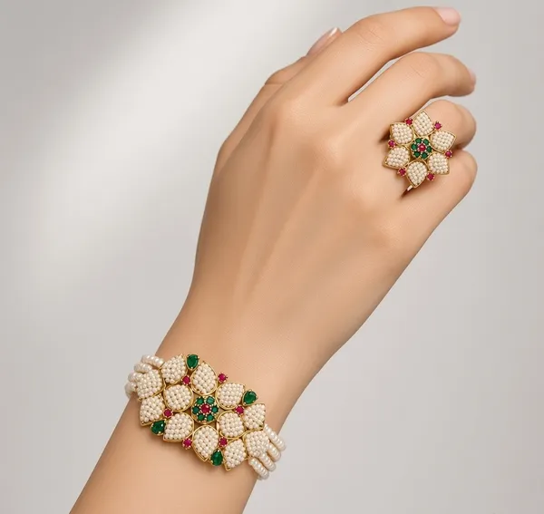 Off_White_Brass_Pearl_Floral_Bracelet_And_Ring_Set_For_Women