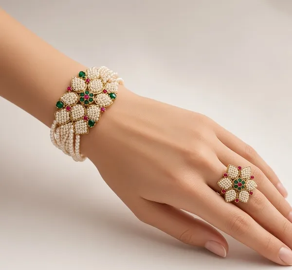 Off_White_Brass_Pearl_Floral_Bracelet_And_Ring_Set_For_Women