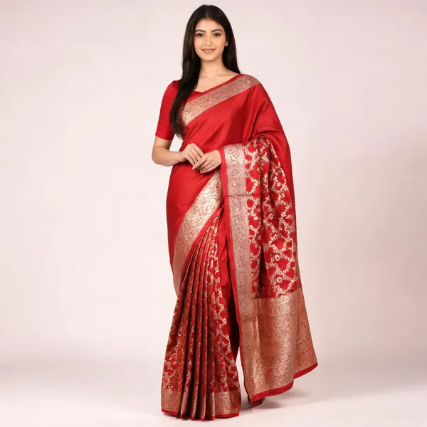 Red_Silk_Woven_Zari_Floral_Border_Saree_For_Women
