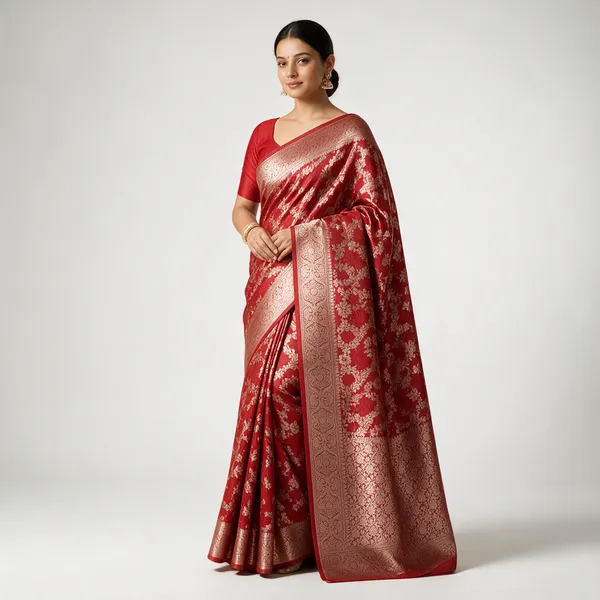 Red_Silk_Woven_Zari_Floral_Border_Saree_For_Women