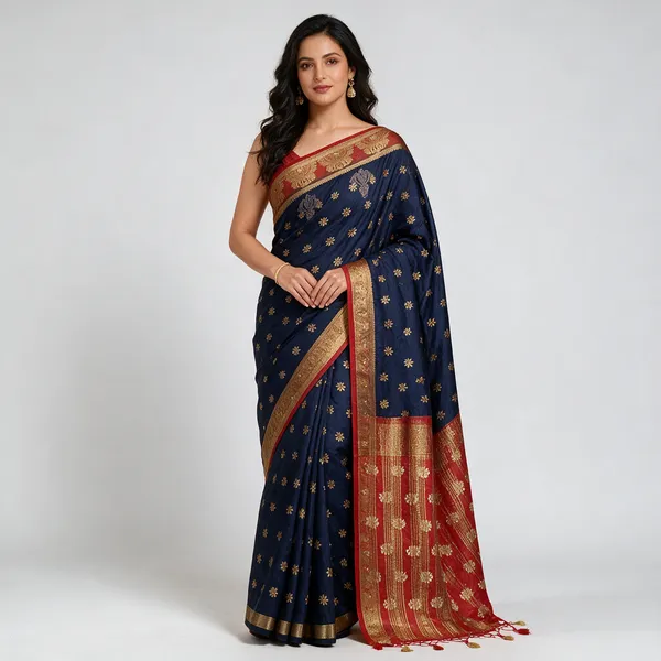 Navy_Blue_Silk_Woven_Floral_Traditional_Saree_For_Women