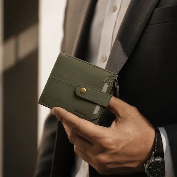 Olive_Green_Genuine_Leather_Bi-Fold_Wallet_With_Zipper_For_Men