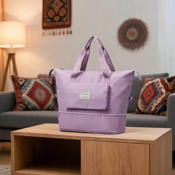 Lavender_Oxford_Fabric_Travel_Tote_Bag_With_Shoe_Compartment