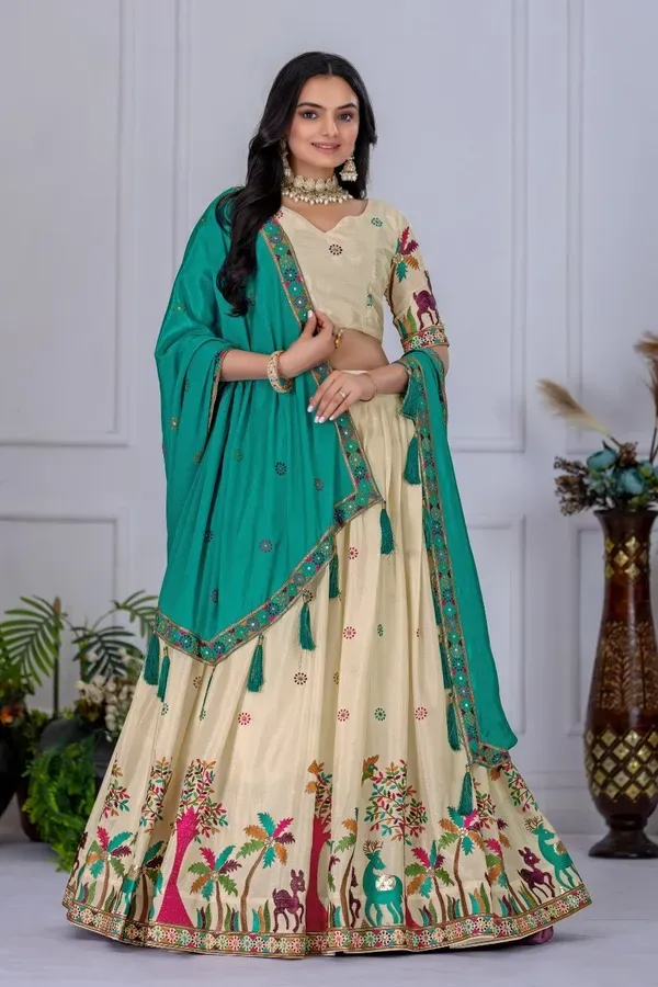 Cream_And_Teal_Heavy_Lichi_Fabric_And_Jacquard_Silk_Patola_Print_Lehenga_Ch