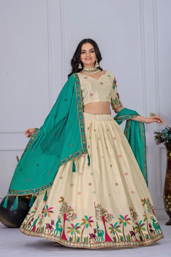 Cream_And_Teal_Heavy_Lichi_Fabric_And_Jacquard_Silk_Patola_Print_Lehenga_Ch