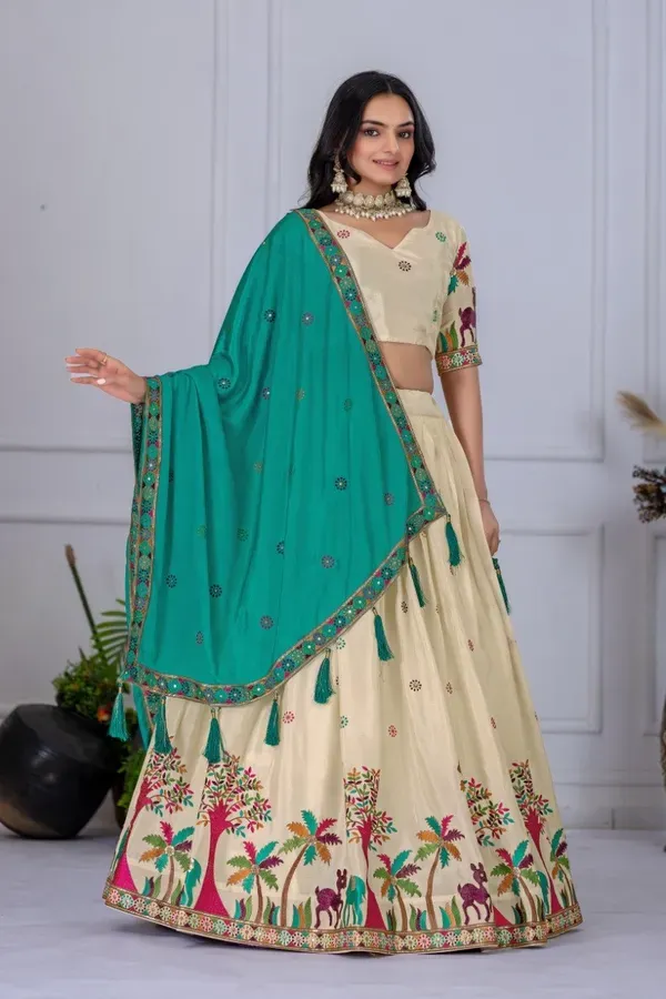 Cream_And_Teal_Heavy_Lichi_Fabric_And_Jacquard_Silk_Patola_Print_Lehenga_Ch