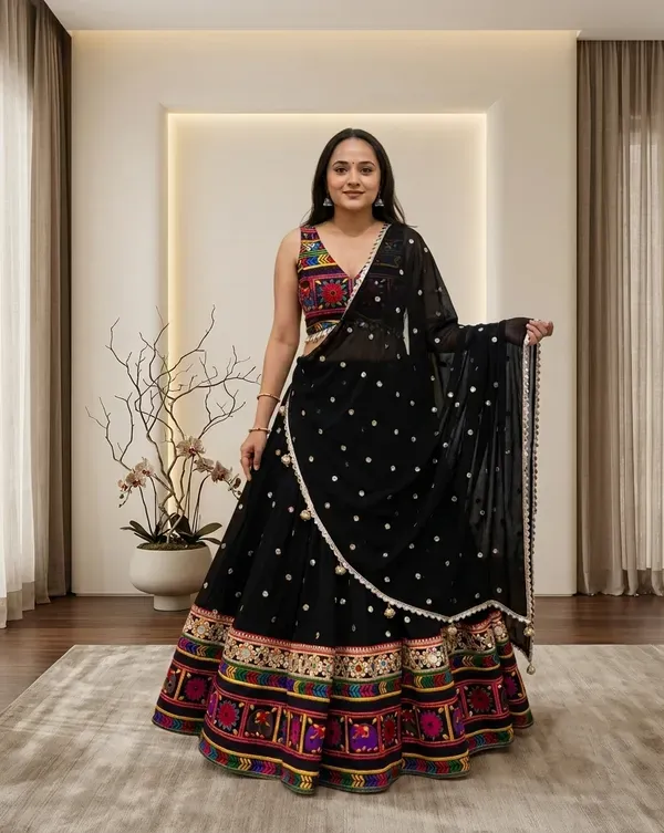 Black_Heavy_Lichi_Fabric_And_Jacquard_Silk_Patola_Print_Lehenga_Choli_For_W