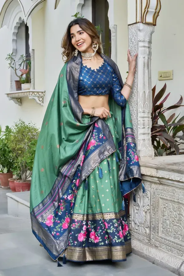 Green_And_Blue_Heavy_Lichi_Fabric_And_Jacquard_Silk_Patola_Print_Lehenga_Ch_More