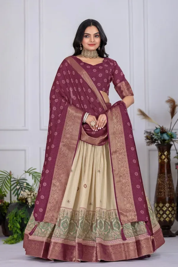 Cream_And_Purple_Heavy_Lichi_Fabric_And_Jacquard_Silk_Patola_Print_Lehenga_More