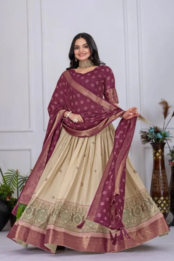 Cream_And_Purple_Heavy_Lichi_Fabric_And_Jacquard_Silk_Patola_Print_Lehenga_More