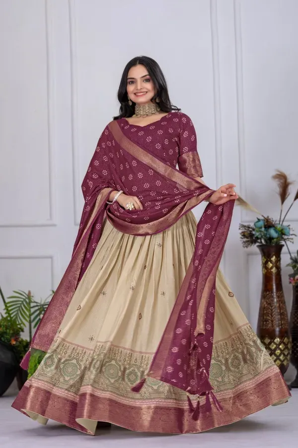 Cream_And_Purple_Heavy_Lichi_Fabric_And_Jacquard_Silk_Patola_Print_Lehenga_More