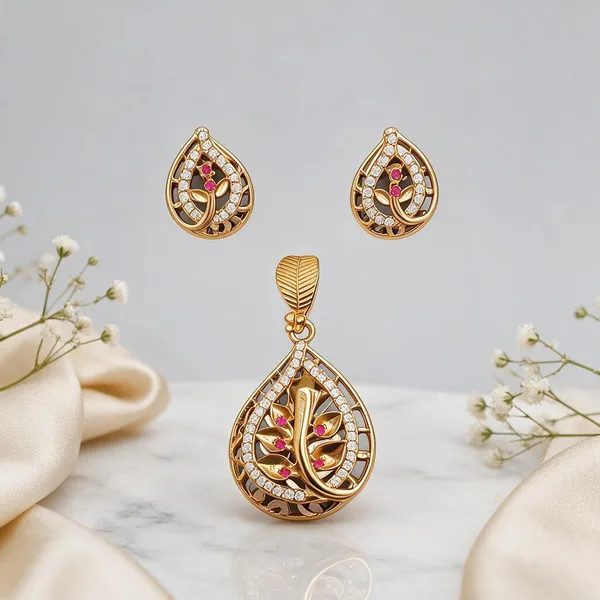 Gold_Brass_Teardrop_Stone_Pendant_And_Earring_Set_For_Women
