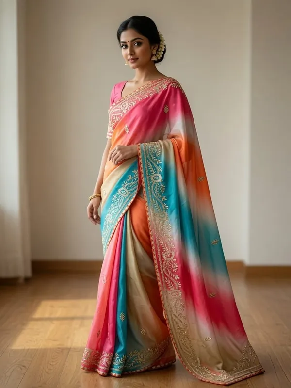 Multicolor_Embroidered_Saree_With_Blouse_Piece_For_Women