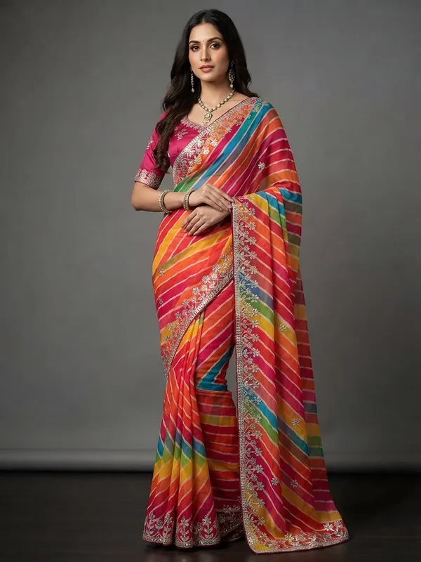 Multicolor_Embroidered_Striped_Saree_With_Blouse_Piece_For_Women