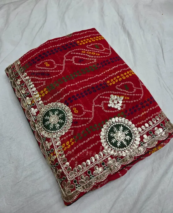 Red_Bandhani_Print_Embellished_Saree_With_Blouse_Piece_For_Women