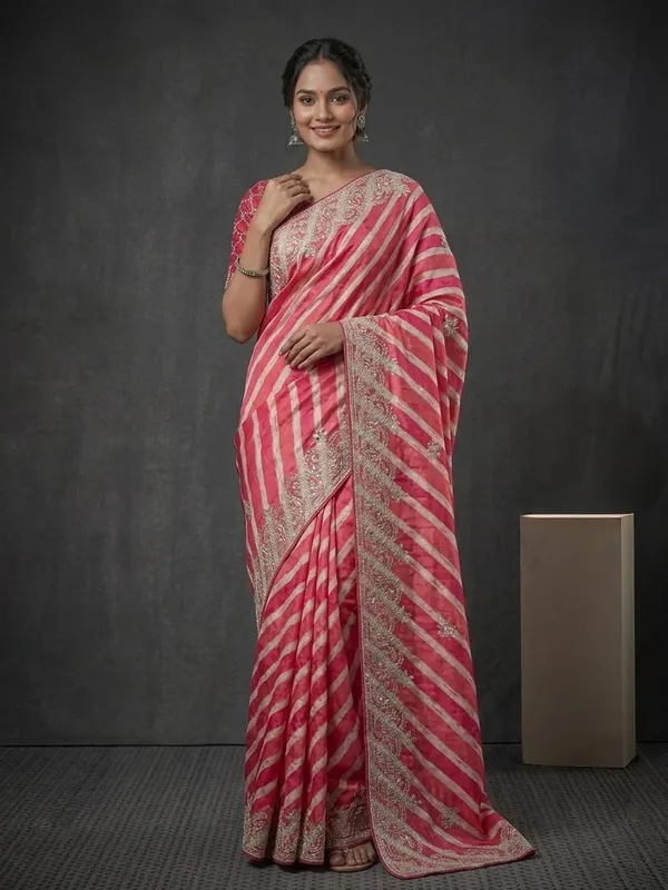 Pink_Striped_Saree_With_Blouse_Piece_With_Zari_Border_for_Women