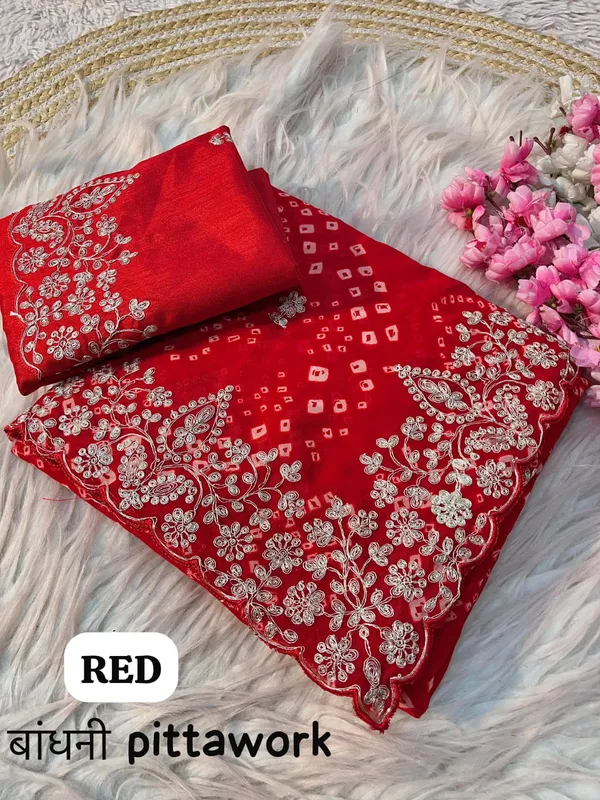 Red_Bandhani_Embroidered_Saree_With_Blouse_Piece_for_Women