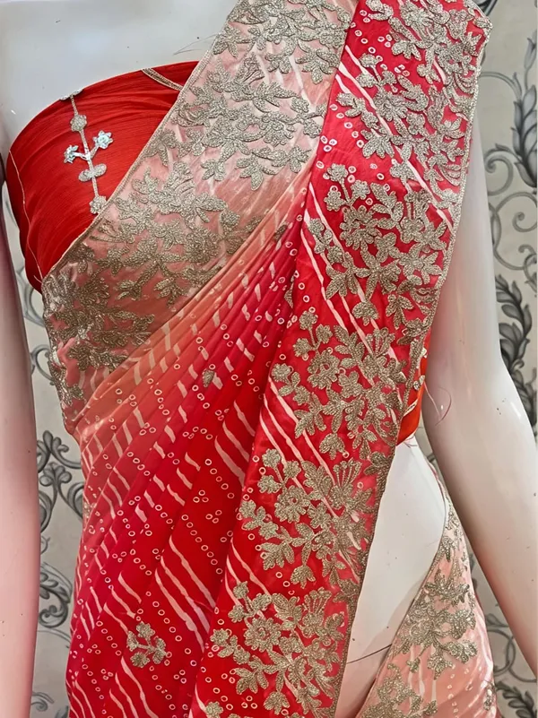 Red_Georgette_Embroidered_Saree_With_Blouse_Piece_For_Women