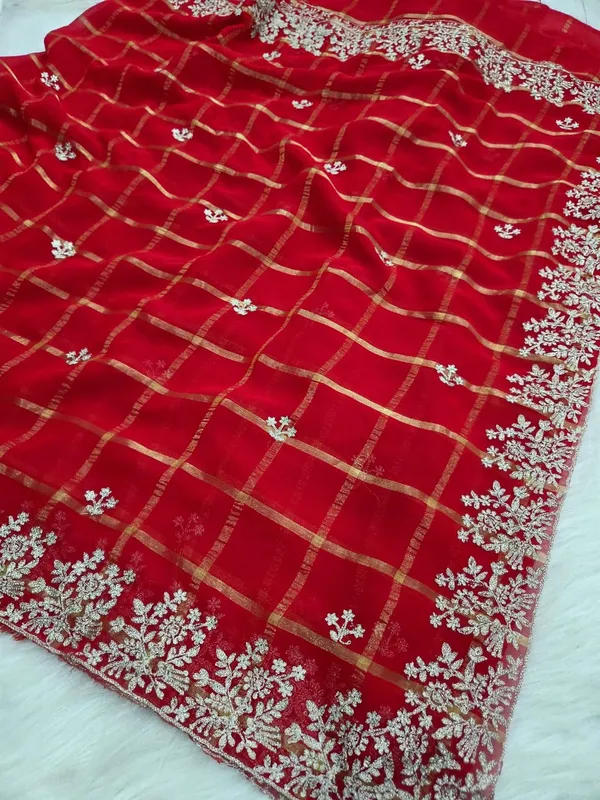 Red_Net_Embroidered_Saree_With_Blouse_Piece_For_Women