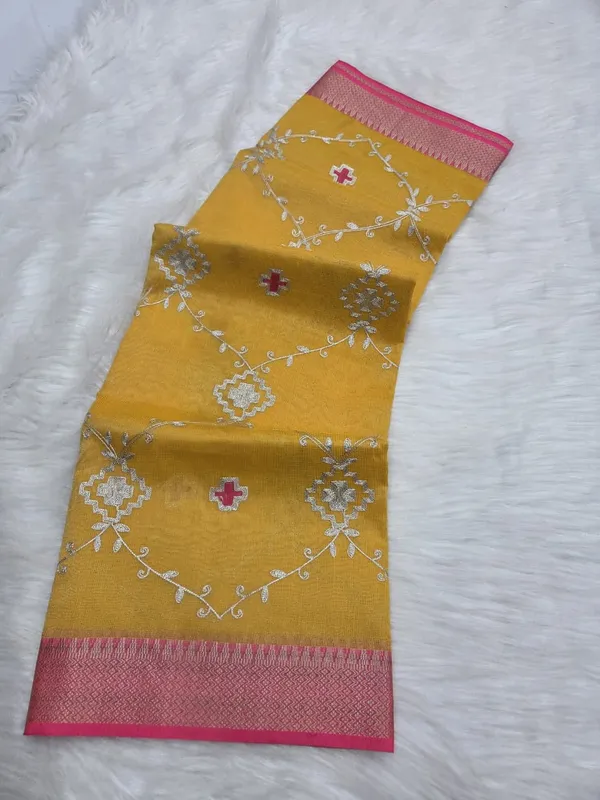 Mustard_Embroidered_Saree_With_Blouse_Piece_for_Women