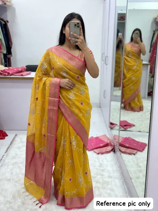 Mustard_Embroidered_Saree_With_Blouse_Piece_for_Women