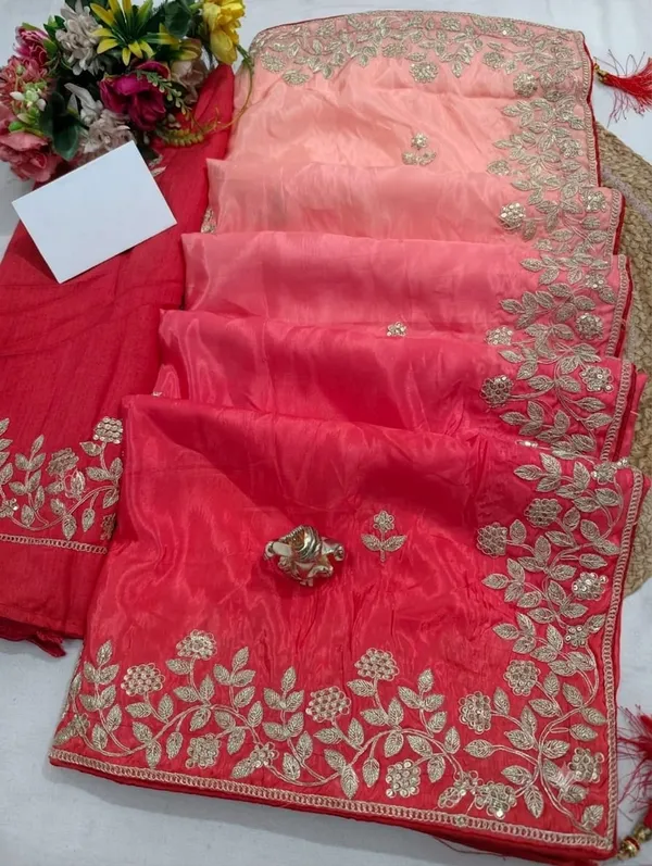 Coral_Satin_Finish_Embroidered_Saree_With_Blouse_Piece_For_Women