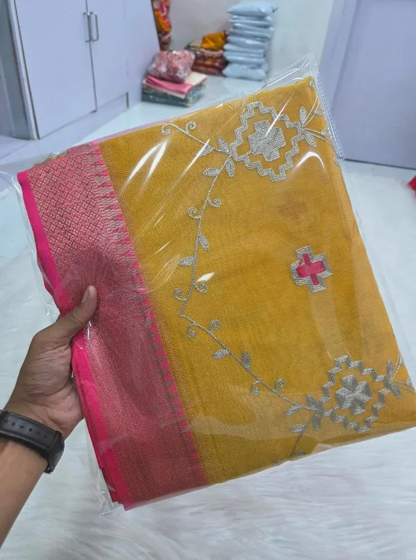 Mustard_Embroidered_Saree_With_Blouse_Piece_for_Women