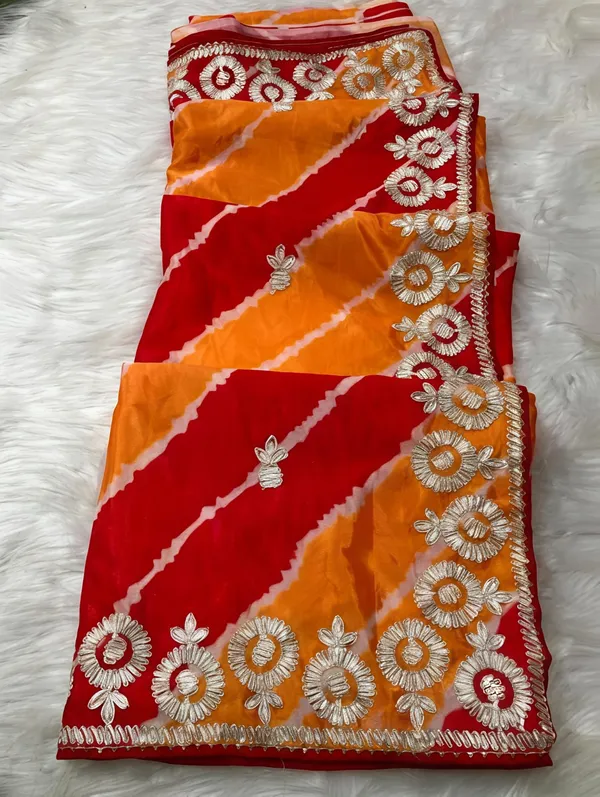 Red_And_Orange_Embroidered_Saree_With_Blouse_Piece_For_Women