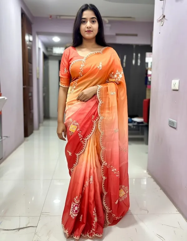 Peach_And_Red_Organza_Embroidered_Saree_With_Blouse_Piece_For_Women