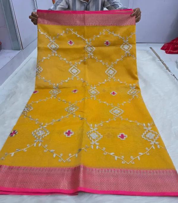 Mustard_Embroidered_Saree_With_Blouse_Piece_for_Women