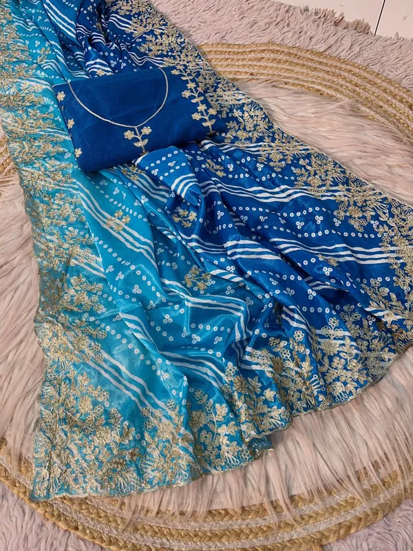 Blue_Printed_Embroidered_Saree_With_Blouse_Piece_For_Women