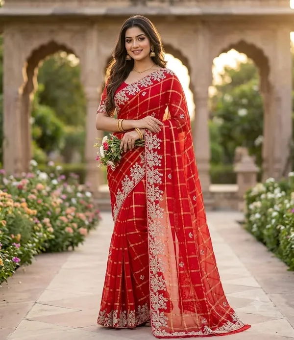 Red_Net_Embroidered_Saree_With_Blouse_Piece_For_Women