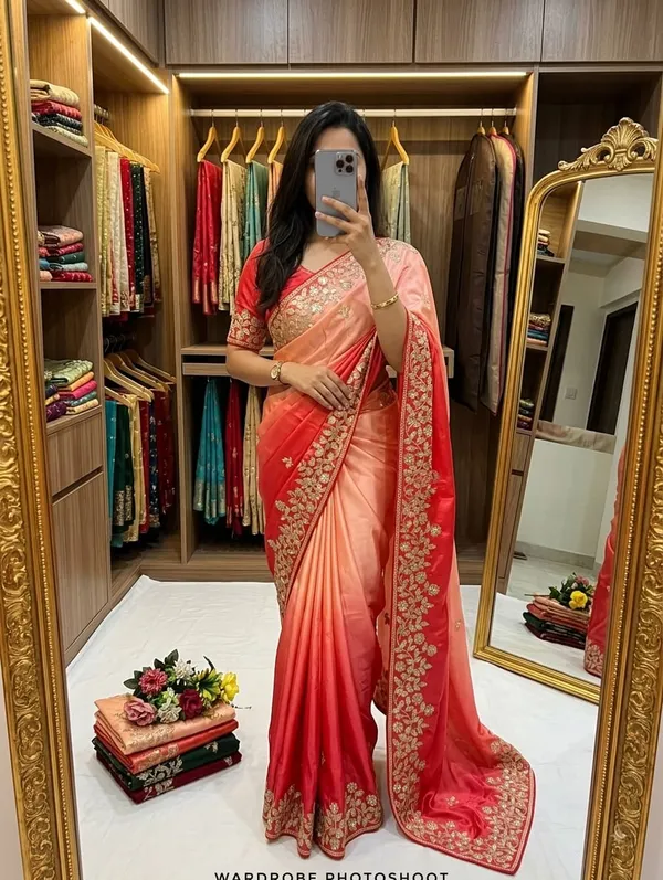Coral_Satin_Finish_Embroidered_Saree_With_Blouse_Piece_For_Women