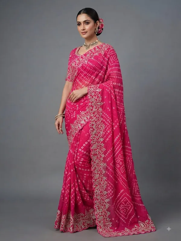 Pink_Bandhani_Embroidered_Saree_With_Blouse_Piece_for_Women