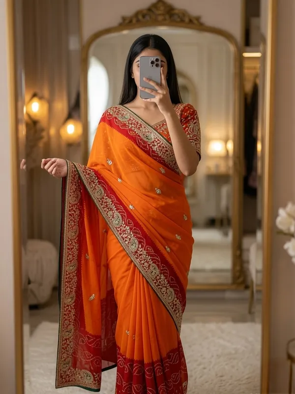 Orange_Embroidered_Saree_With_Blouse_Piece_For_Women