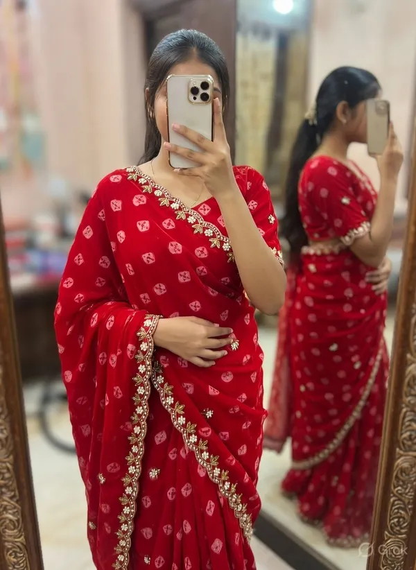 Red_Embroidered_Saree_With_Blouse_Piece_for_Women