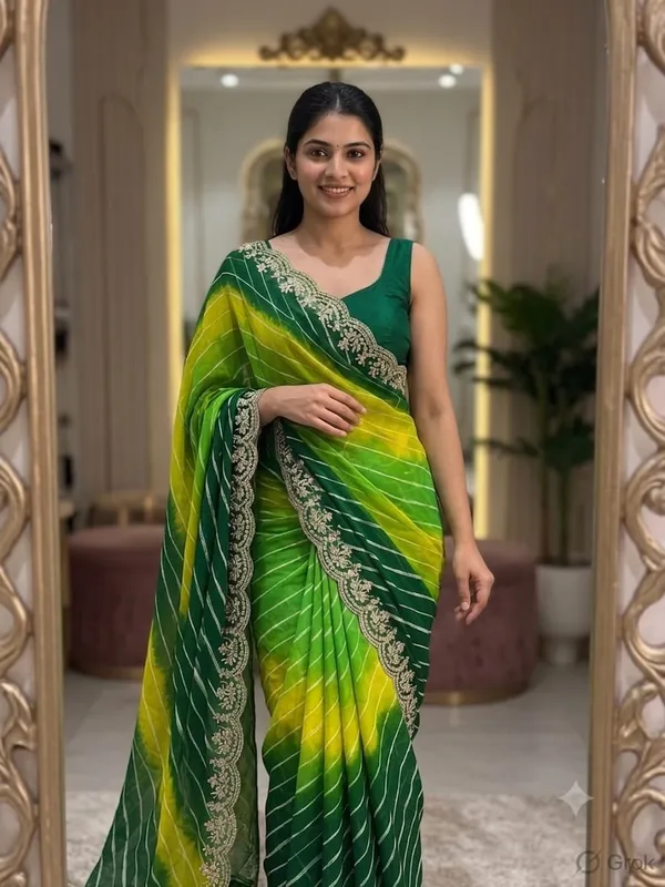 Green_Printed_Saree_With_Blouse_Piece_For_Women